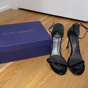 Stuart Weitzman Nudistsong Black Patent Strappy Heels